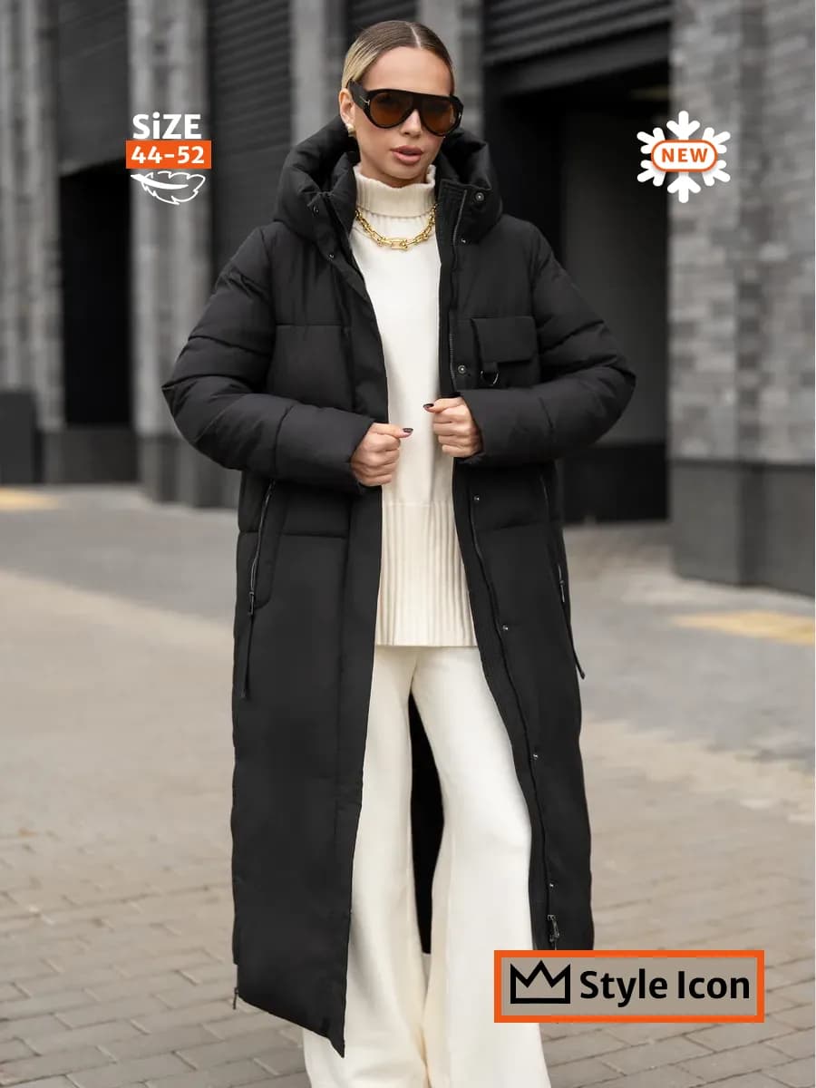 Пуховик зимний длинный с капюшоном оверсайз