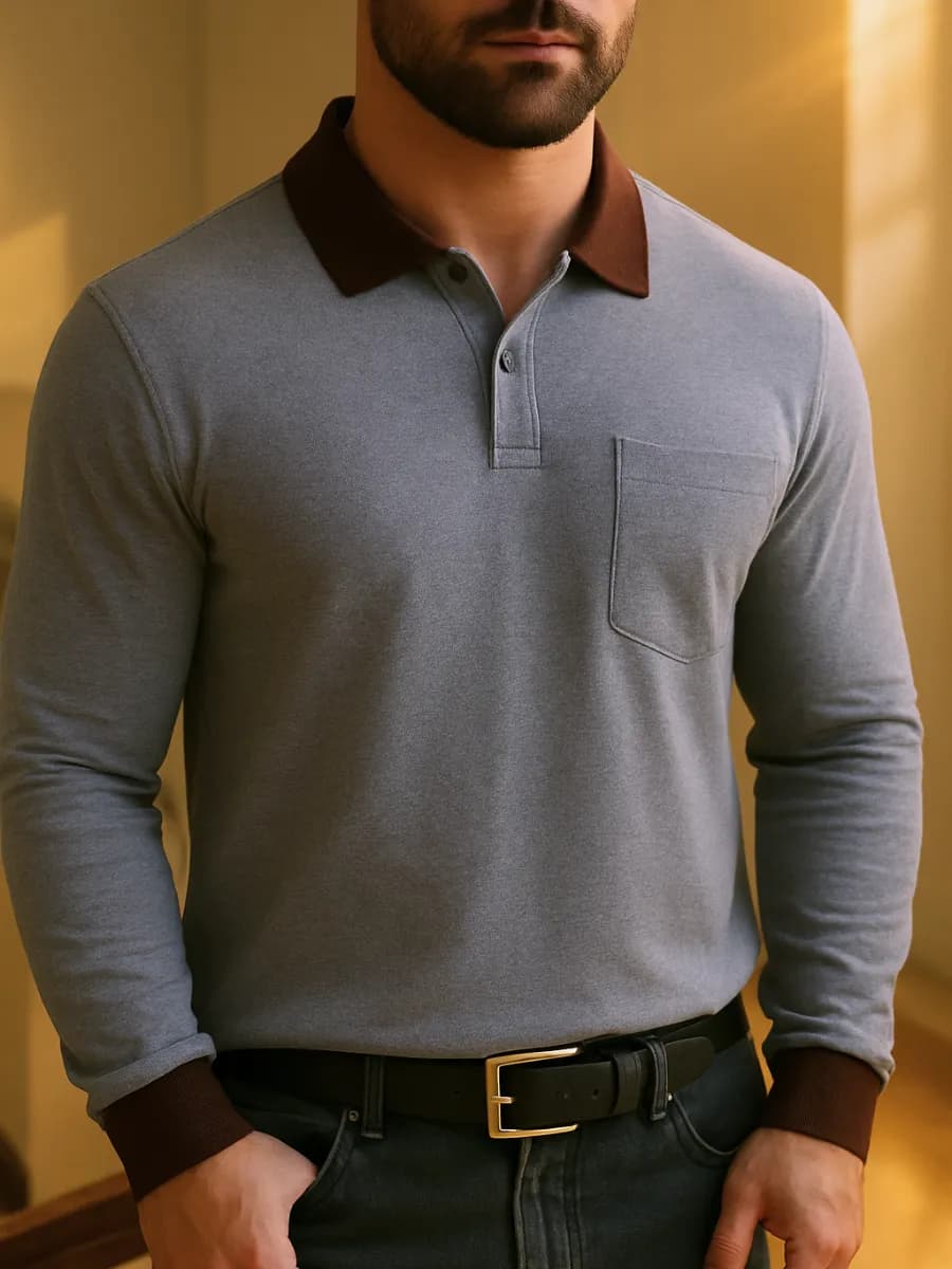 Лонгслив поло с длинным рукавом на пуговицах с карманом