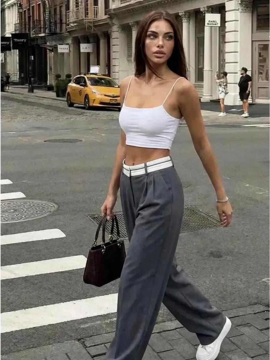 Брюки палаццо осенние с белым поясом