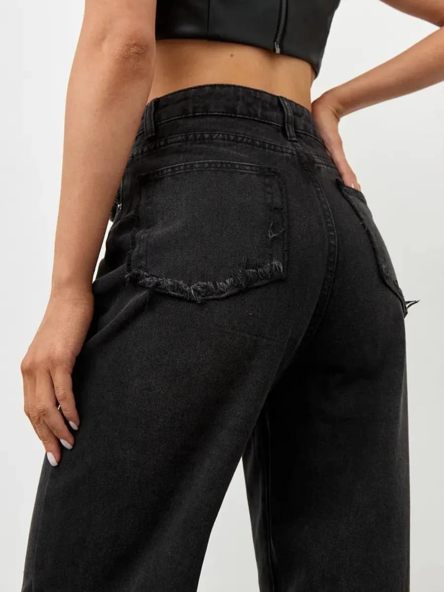 Джинсы широкие прямые с бахромой трубы палаццо y2k