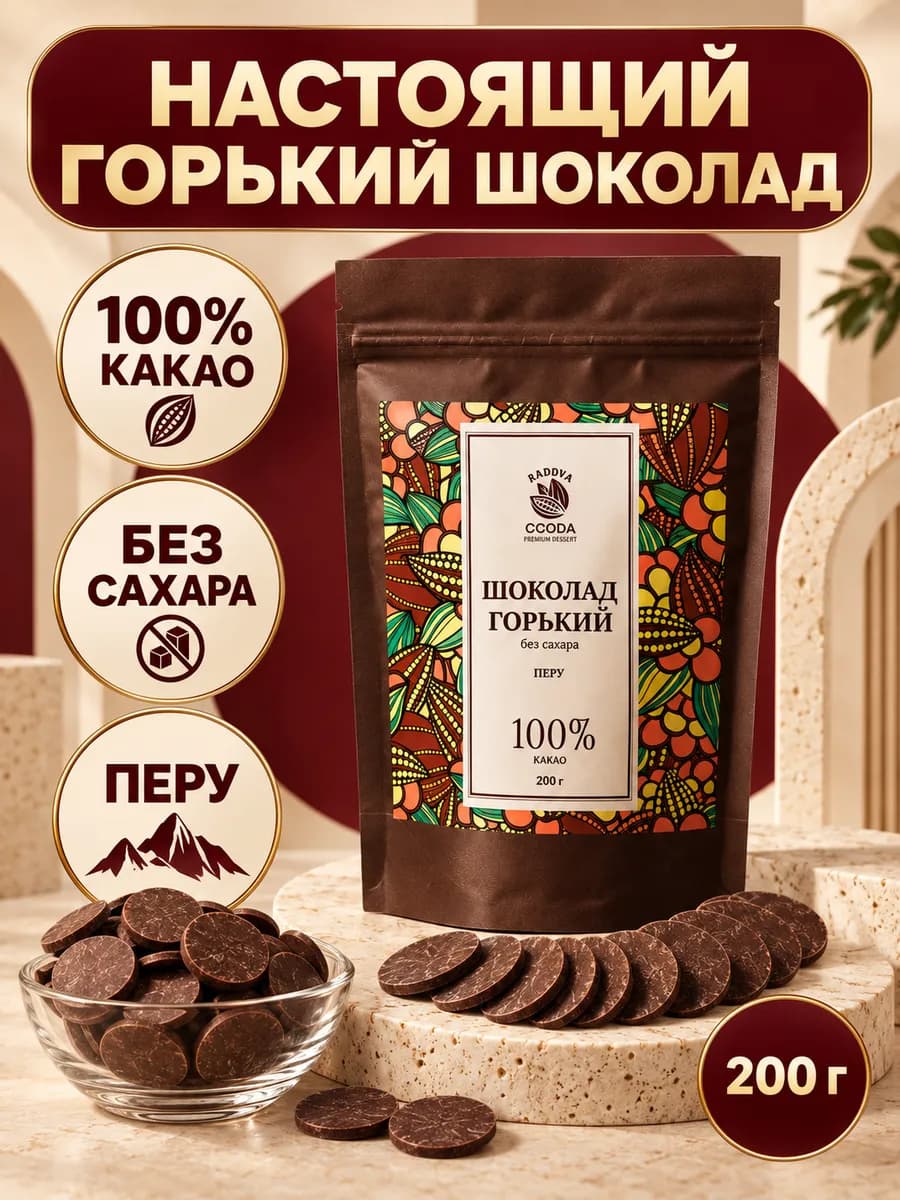 Горький шоколад без сахара натуральный, 200 г