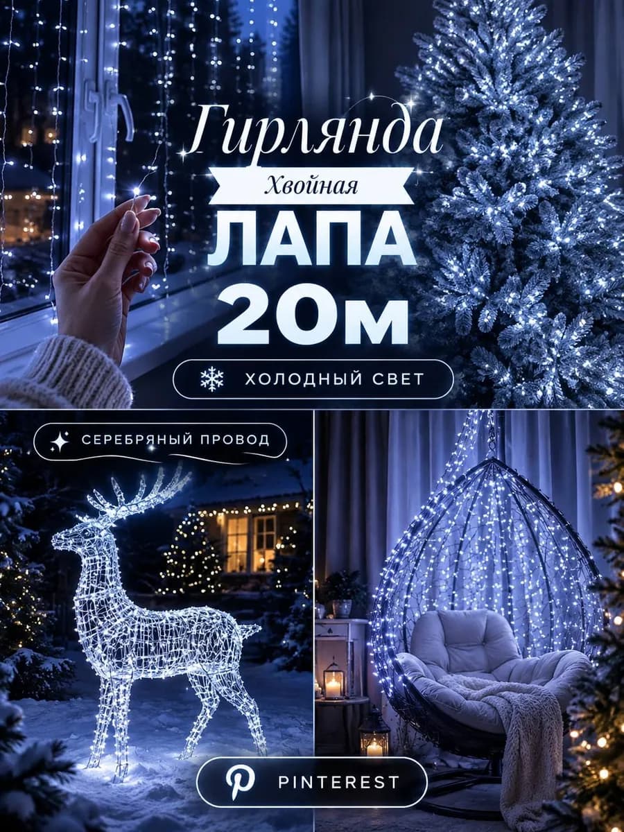Новогодняя гирлянда хвойная лапа мишура 20м