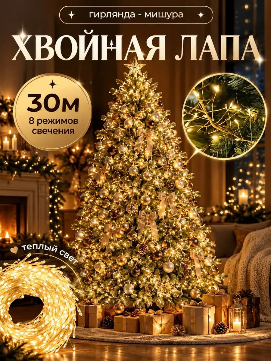 Новогодняя гирлянда хвойная лапа мишура 30м