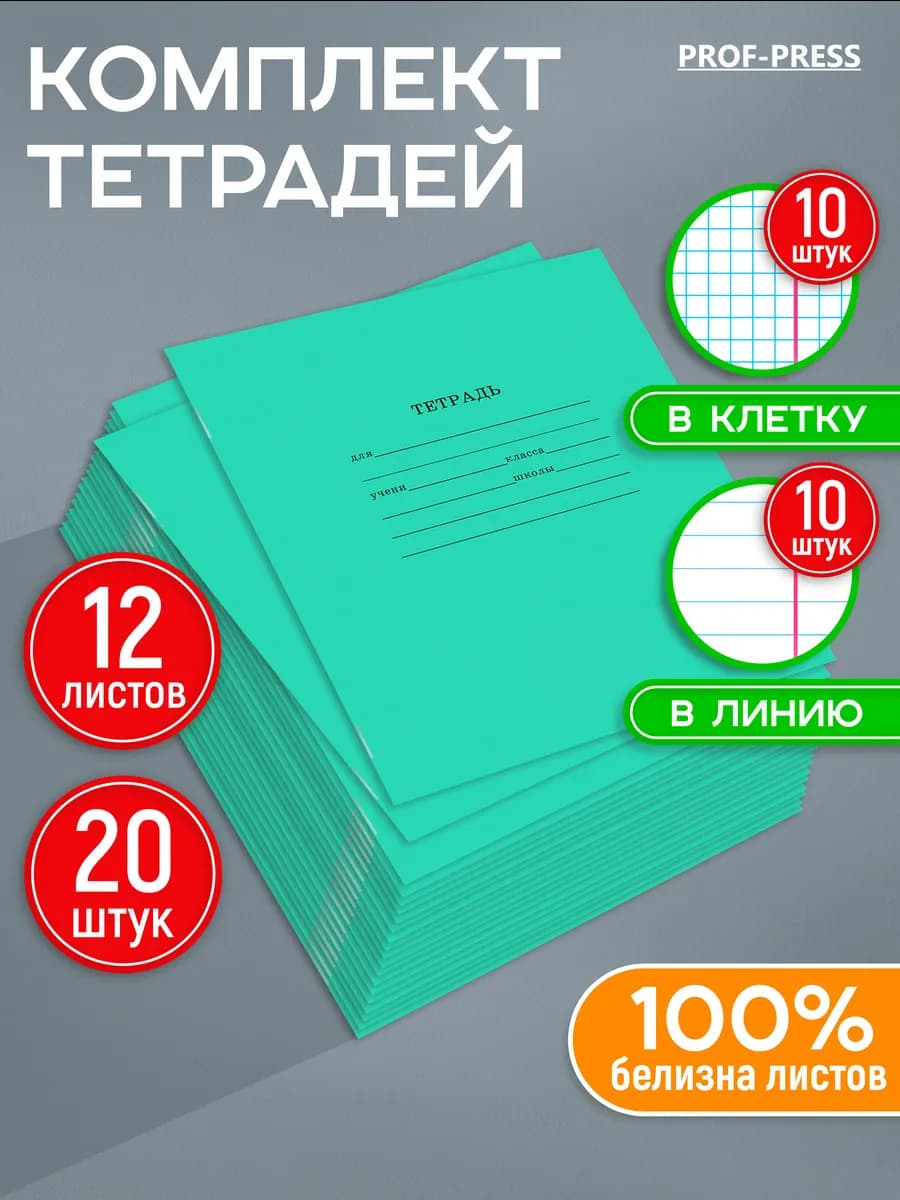 Тетрадь в клетку и линейку 12 листов 20 штук