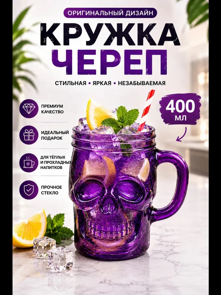 Кружка череп c трубочкой и ручкой сиреневый