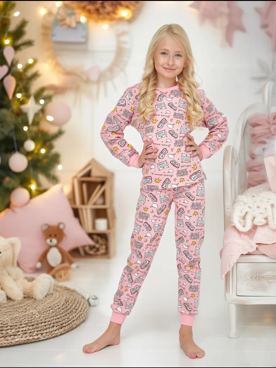 Пижама детская теплая с начесом для девочек розовая