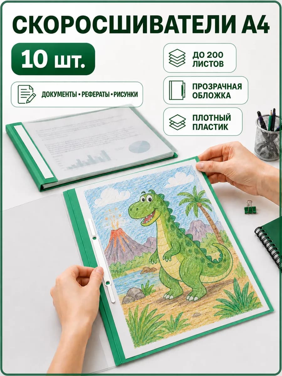 Папка скоросшиватель, A4, зеленый, 10 шт