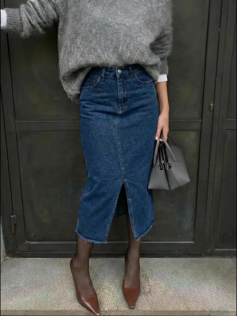 Юбка джинсовая миди с разрезом спереди