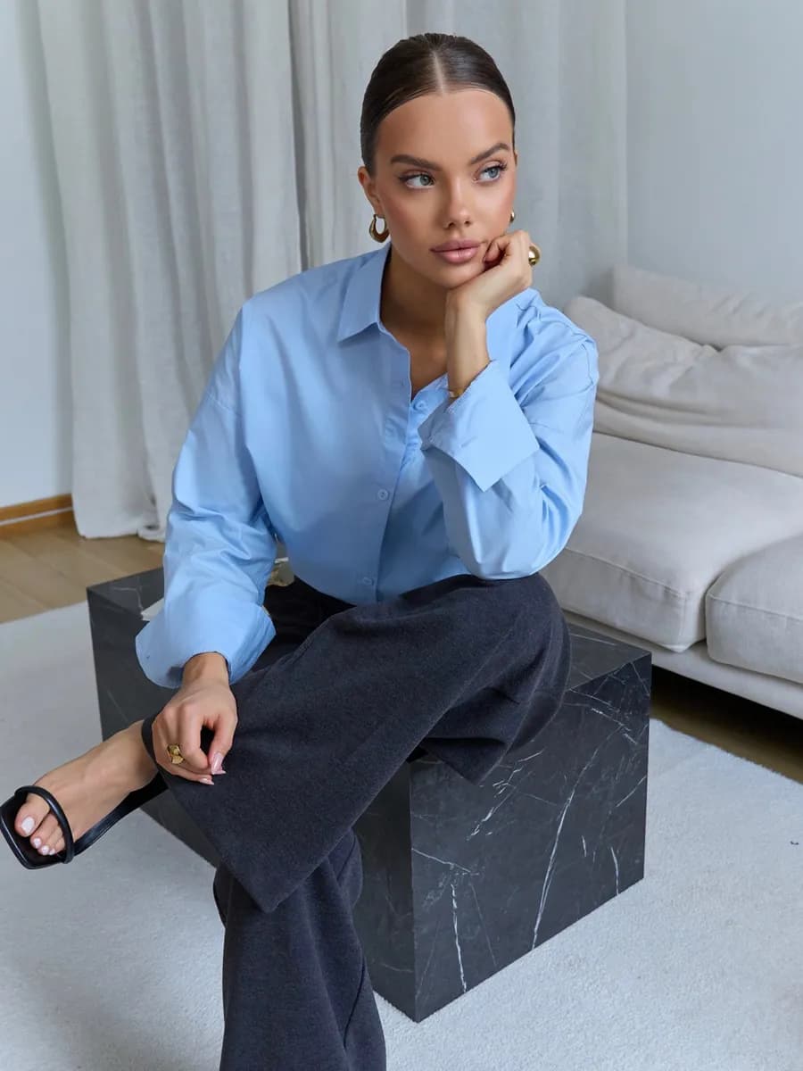 Голубая рубашка оверсайз офисная и в школу блузка