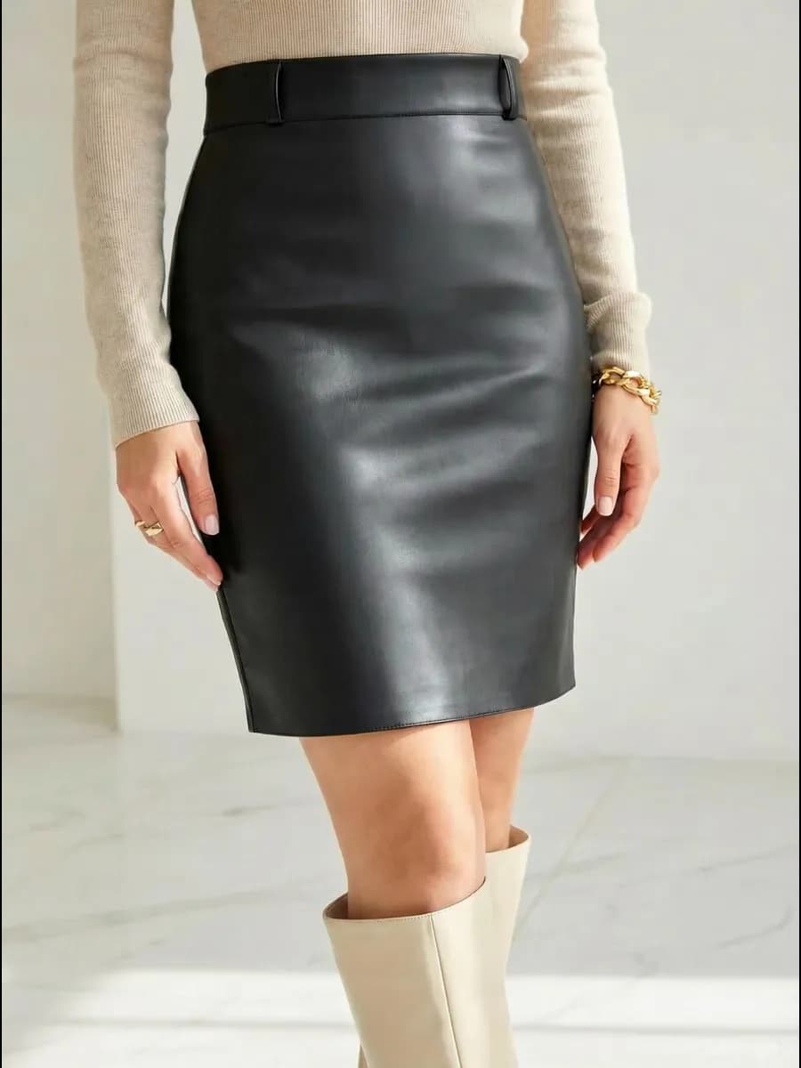 Юбка кожаная миди карандаш с разрезом