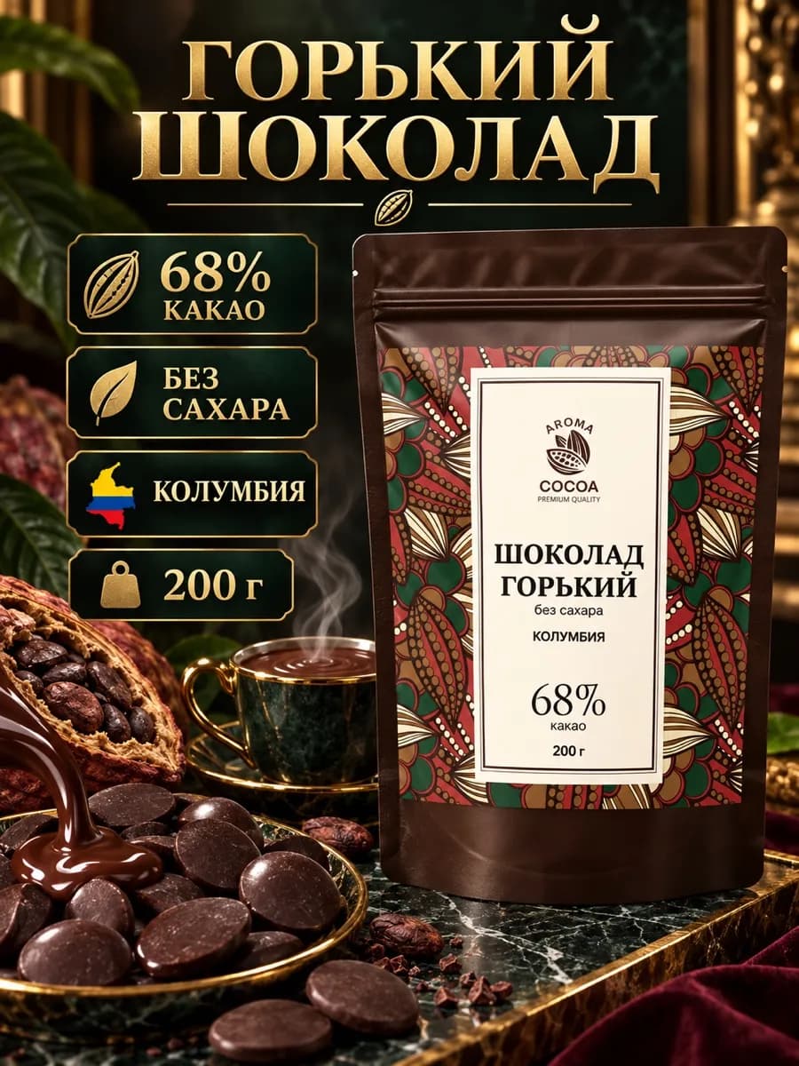 Шоколад горький 68% без сахара, диски, 200 г