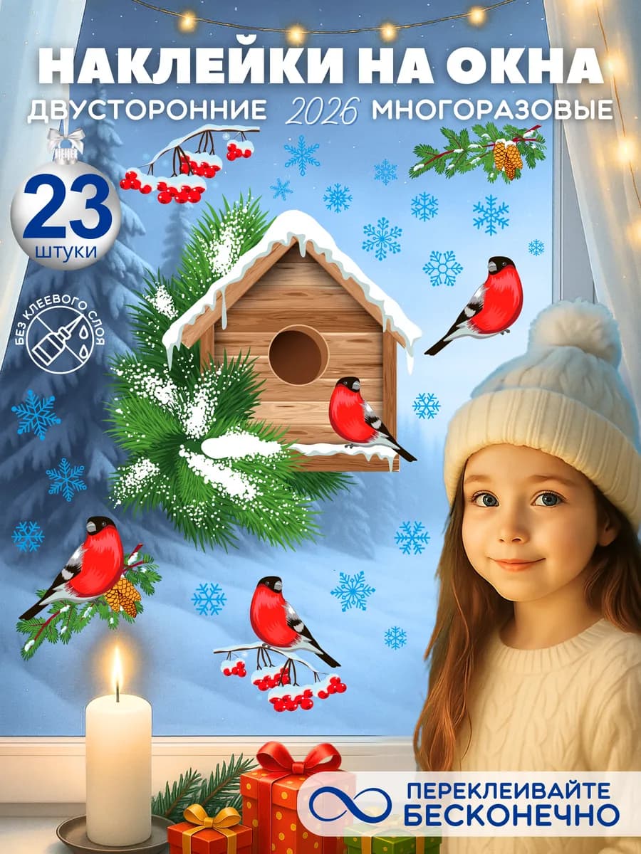 Наклейки на окна новогодние Скворечник и снегири 2026