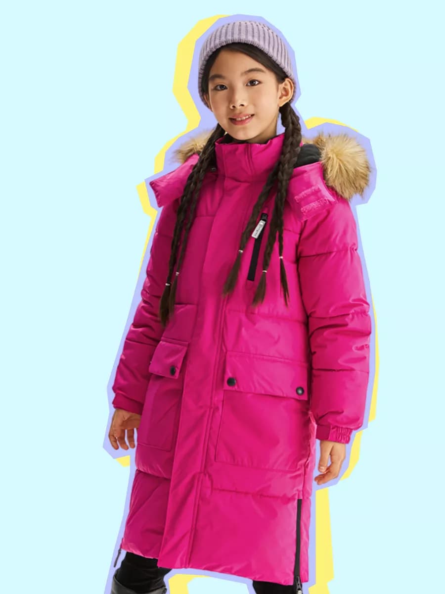 Длинное утепленное пальто зима с капюшоном для детей