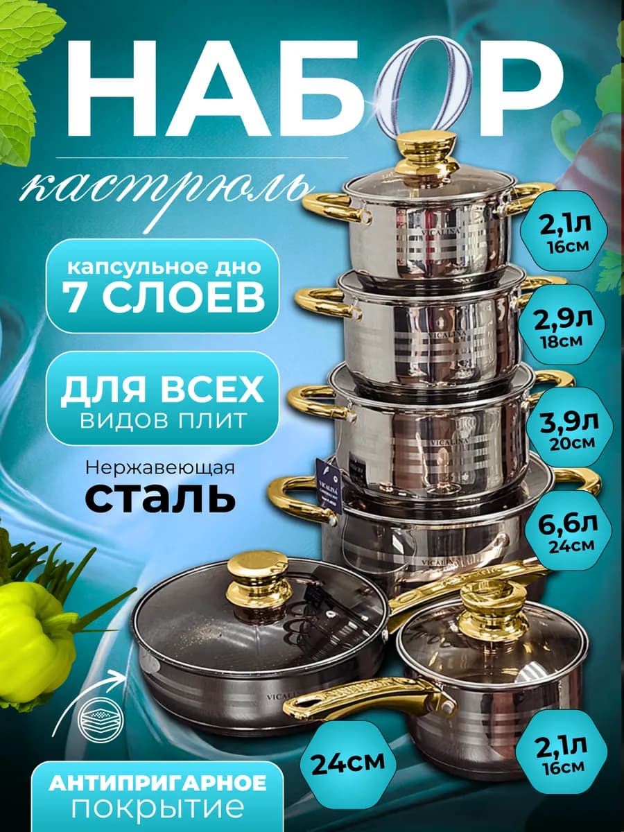 Набор кастрюль и антипригарная сковорода с крышками