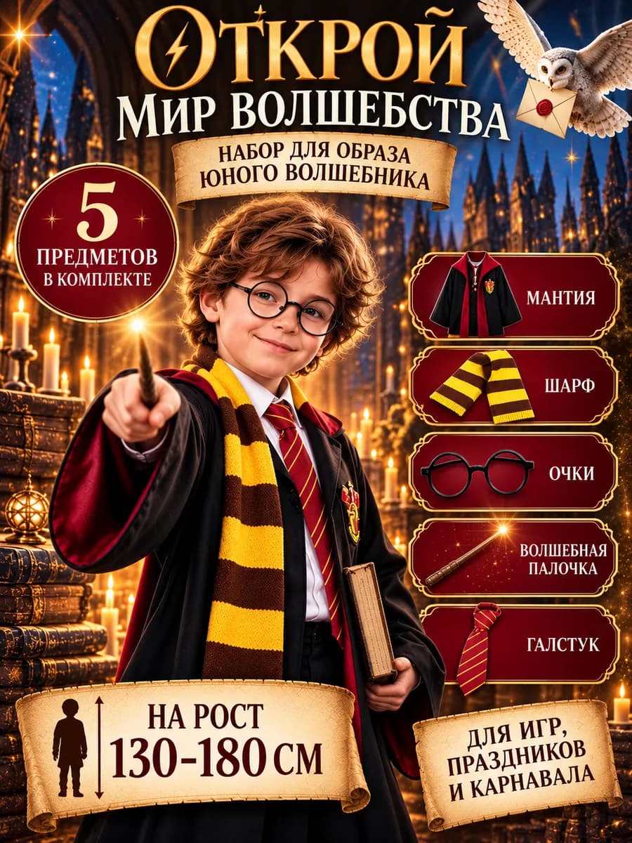 Карнавальный костюм Гарри Поттера волшебника детский