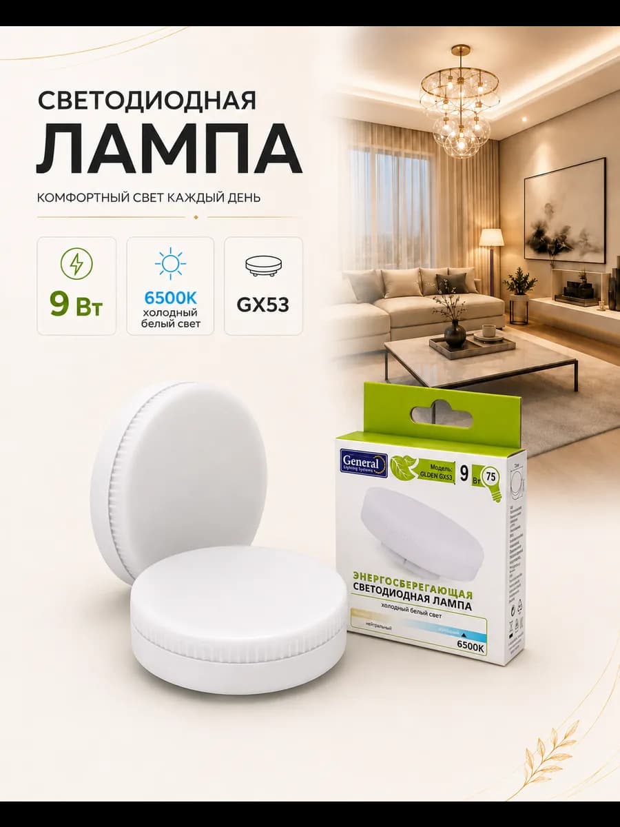 Светодиодная лампа GX53 9ВТ 6500K холодный свет 5 штук