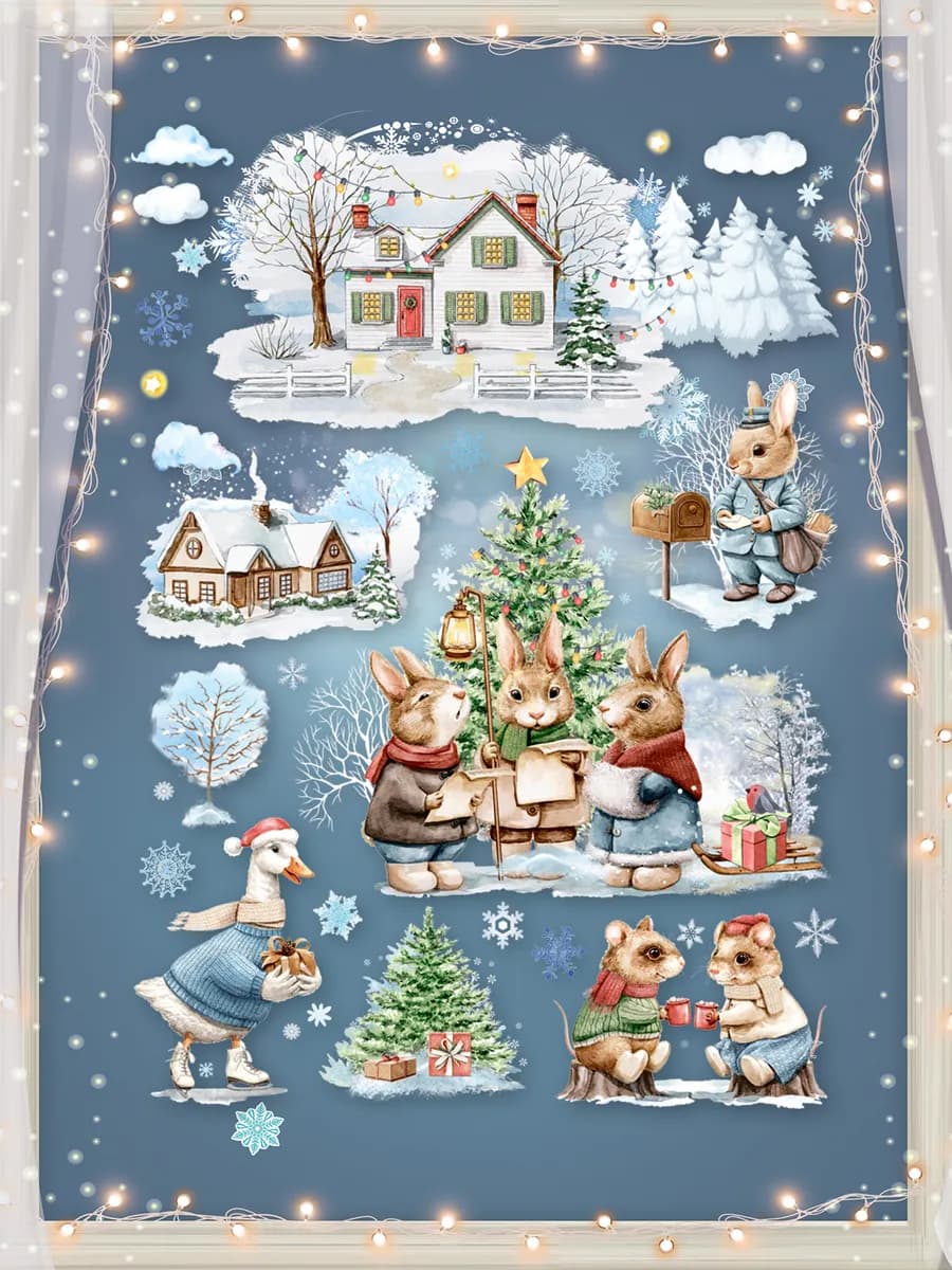 Наклейки новогодние на окна двусторонние, декор на Новый год