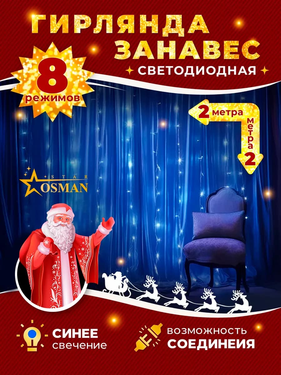Гирлянда Занавес синяя 2х2