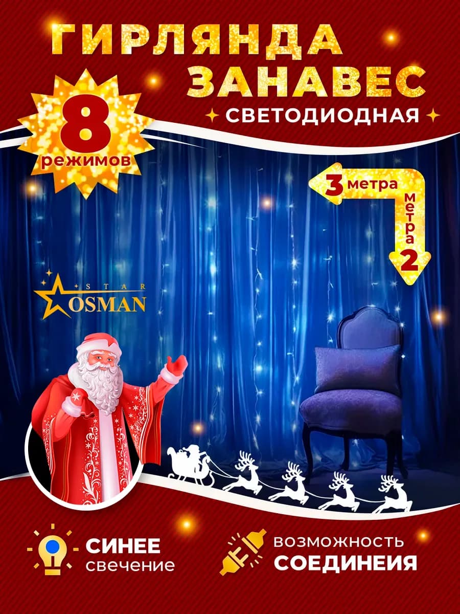 Гирлянда Занавес синяя 3х2