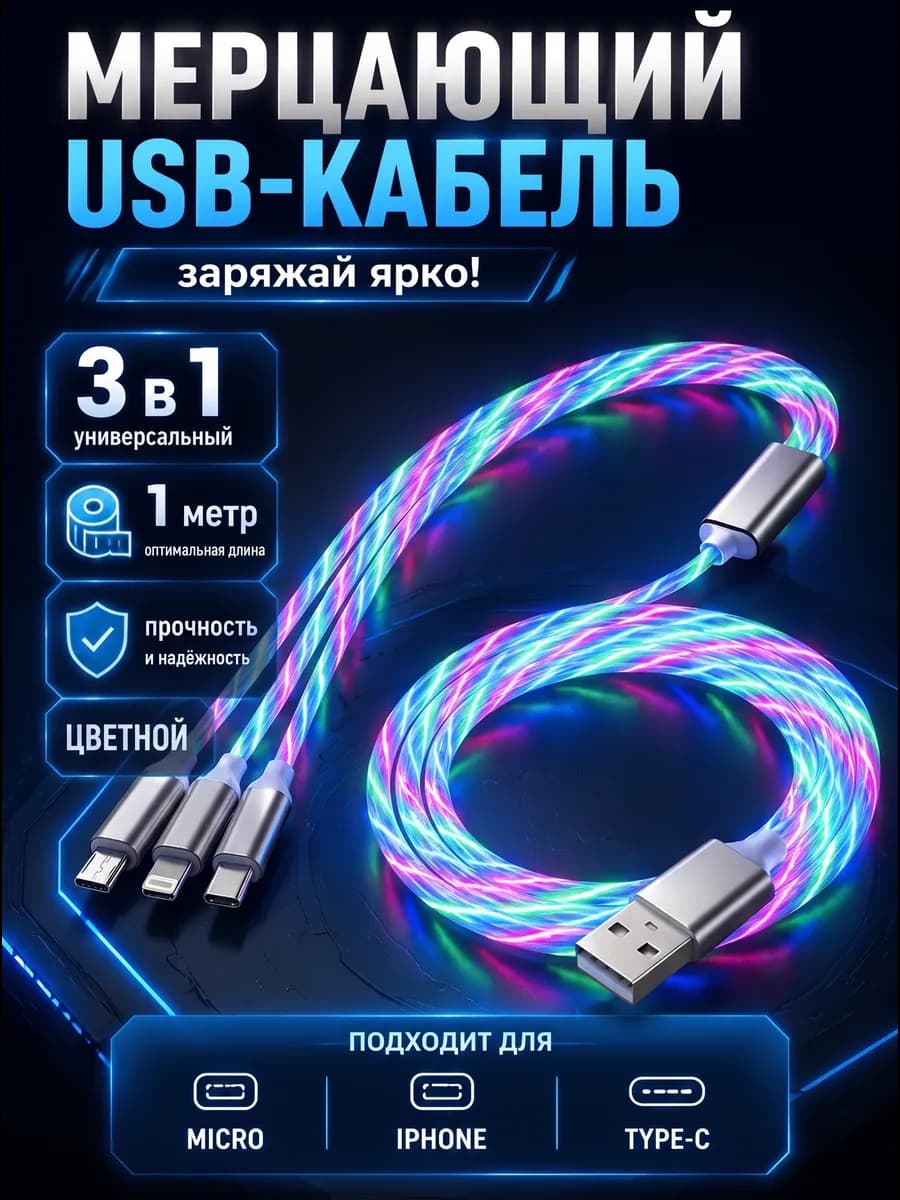 Светящиеся провод для зарядки телефона 3 в 1