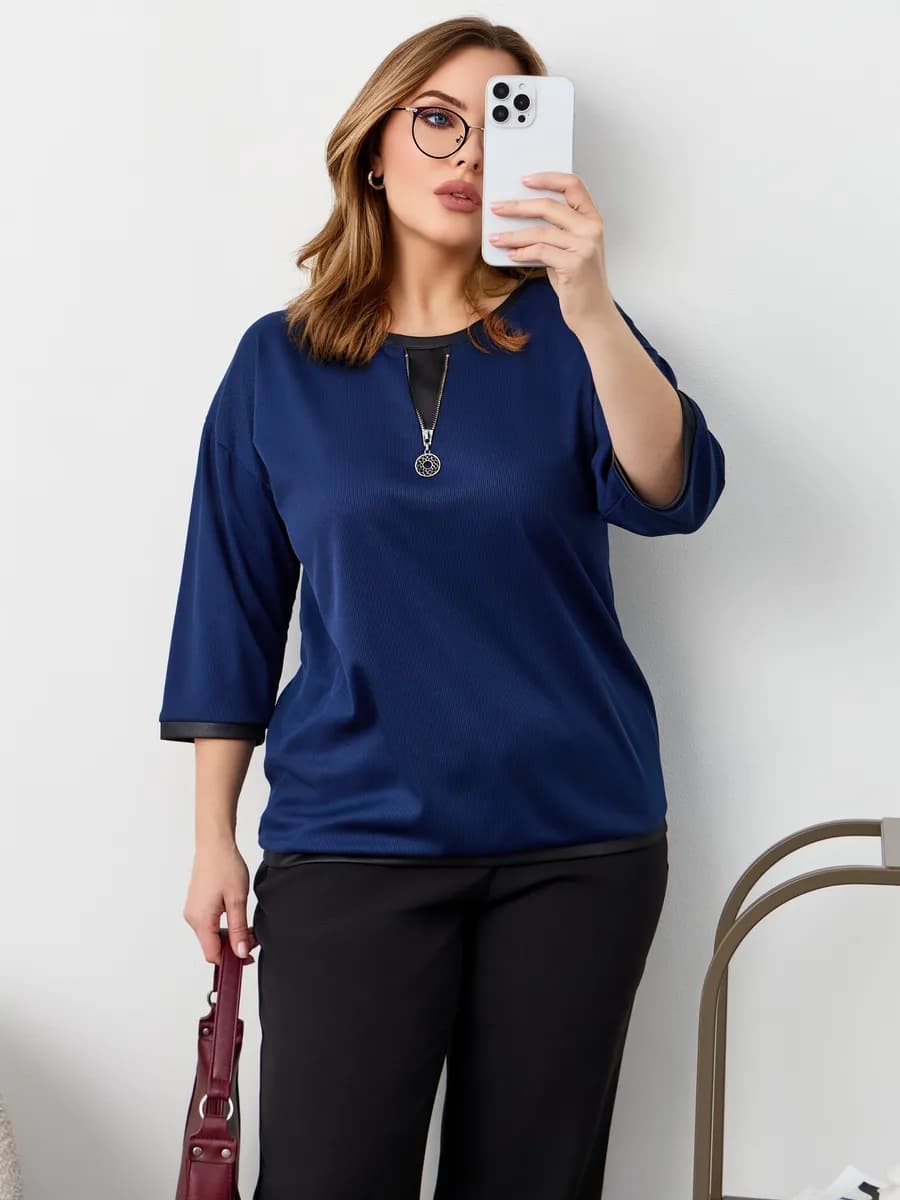 Кофта женская больших размеров офисная лонгслив в рубчик