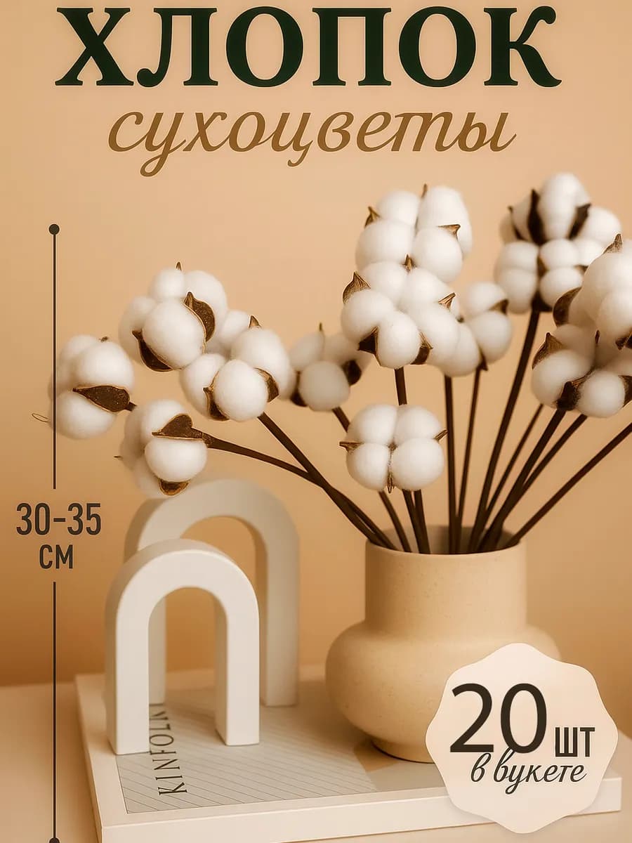 Натуральные сухоцветы хлопка для декора 20шт - фото 1
