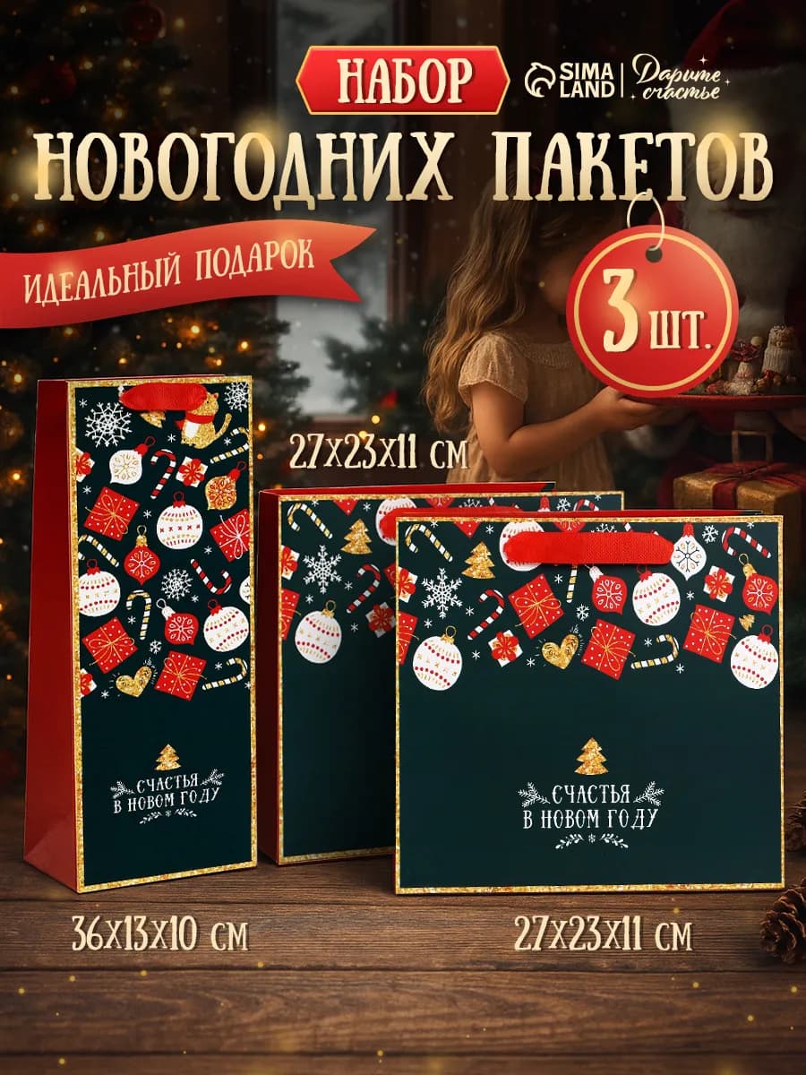 Набор подарочных новогодних пакетов для упаковки подарка - фото 1