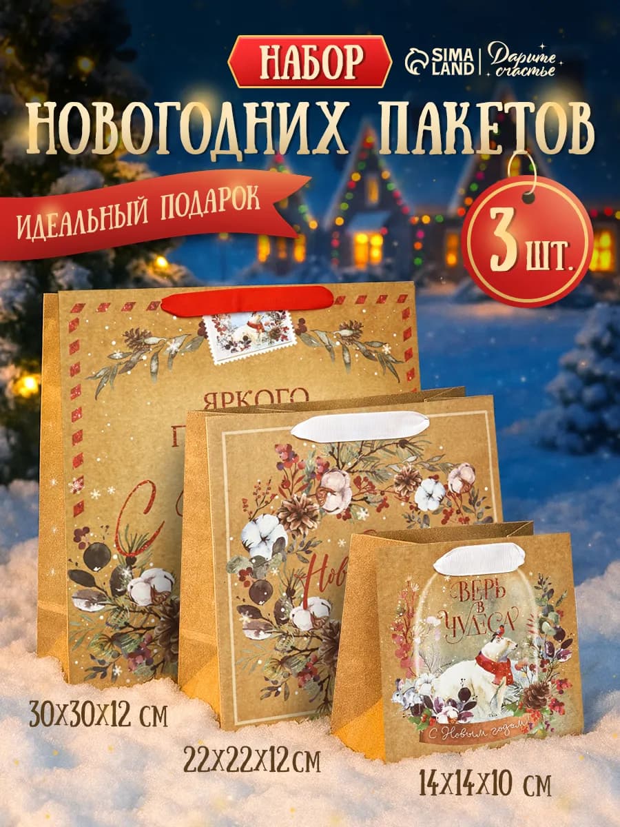 Набор подарочных новогодних пакетов для упаковки подарка