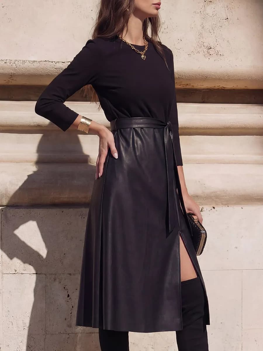 Платье офисное с разрезом кожаной юбкой - фото 1