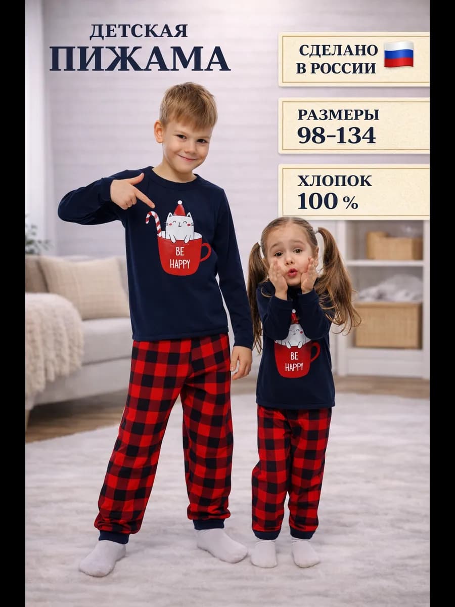 Пижама новогодняя для девочки и мальчика со штанами