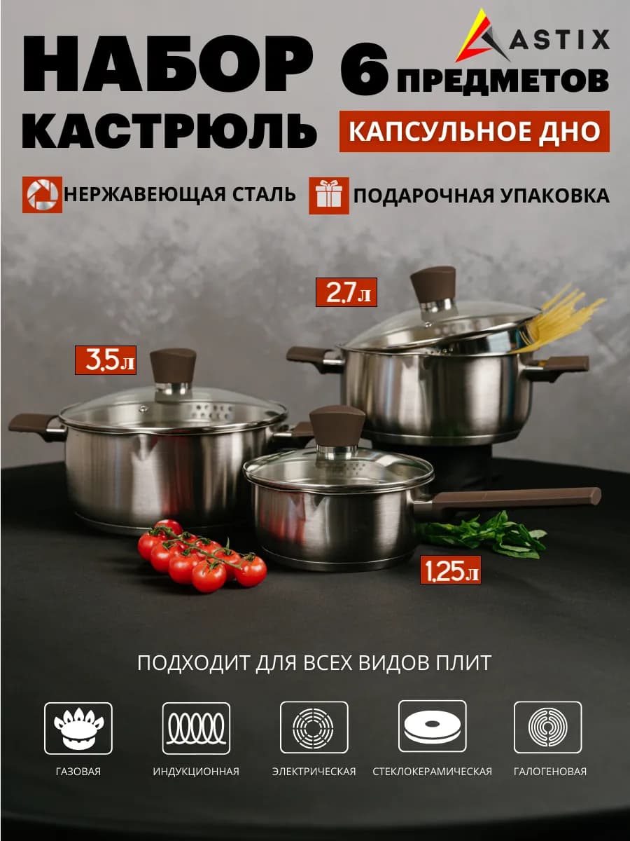 Набор кастрюль с крышками 3 шт из нержавеющей стали