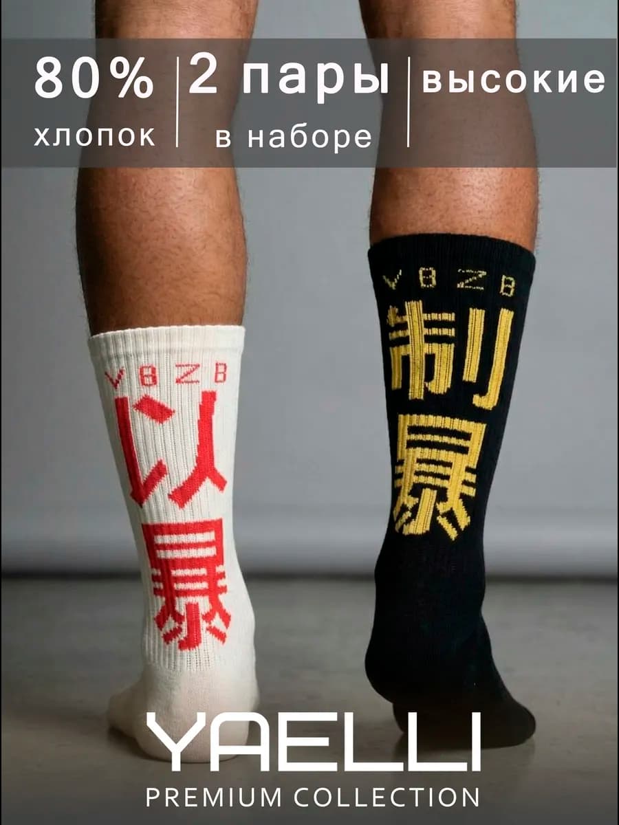 Носки высокие с принтом иероглифы 2 пары