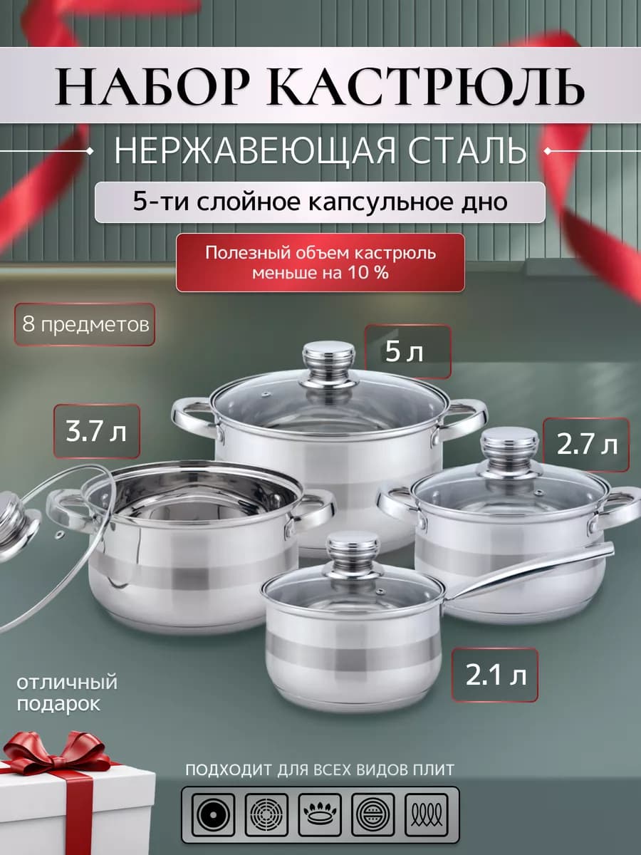 Набор кастрюль из нержавеющей стали с крышками, 4 шт