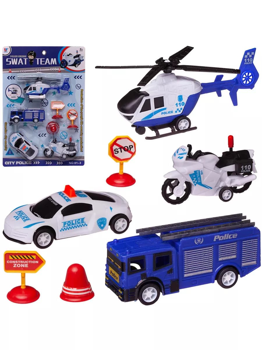 Игровой набор Полиция (2 машинки вертолет мотоцикл и знаки) - фото 1