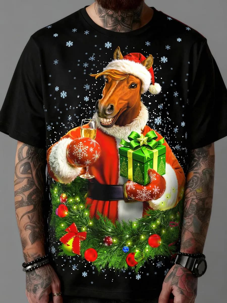 Футболка новогодняя хлопок с принтом лошадь символ 2026
