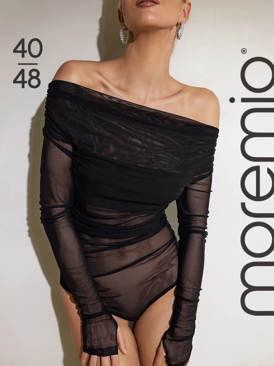 Боди вечернее с длинным рукавом и открытыми плечами в сетку - фото 1