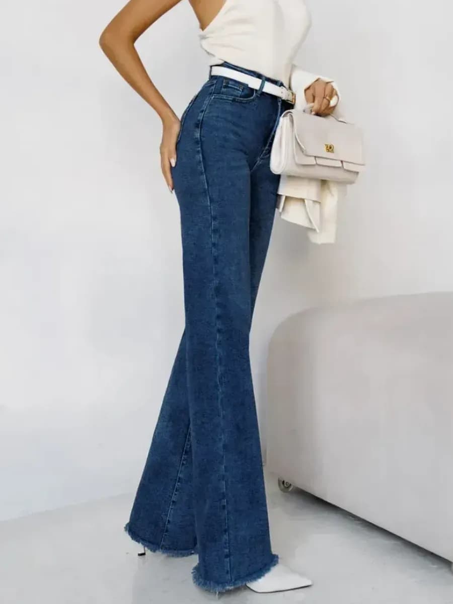 Джинсы прямые широкие синие трубы с высокой посадкой осенние