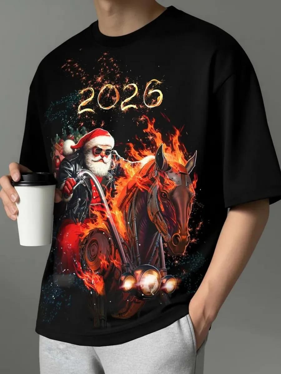 Новогодняя футболка со светящимся принтом Дед Мороз байк