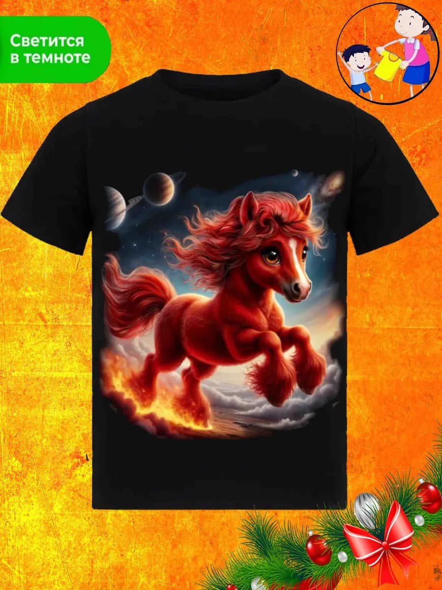 Футболка новогодняя хлопок с принтом лошадь символ 2026