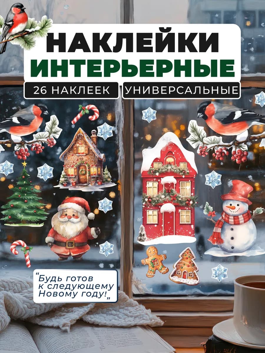 Новогодние наклейки на окна Дед мороз Домики