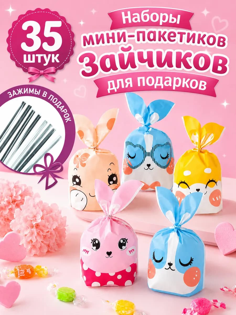 Подарочные пакеты с ушками 35 шт с зажимами