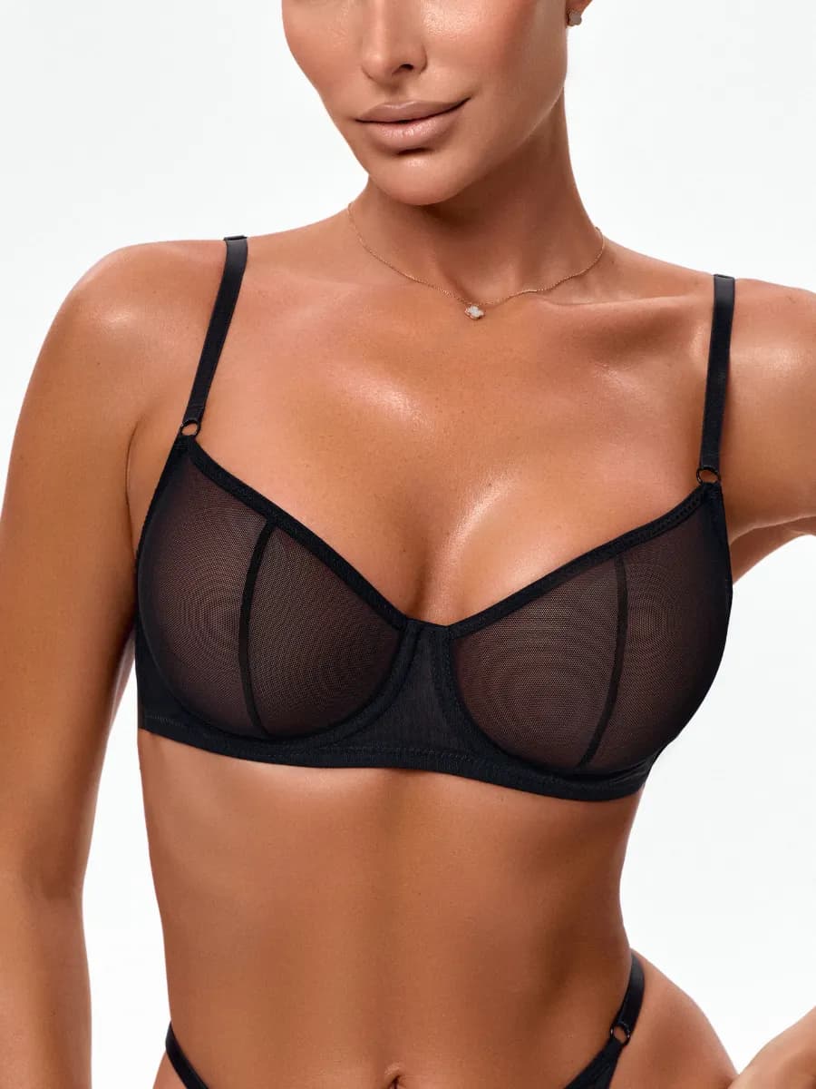 Бюстгальтер черный без поролона без пушап сетка прозрачный - фото 1