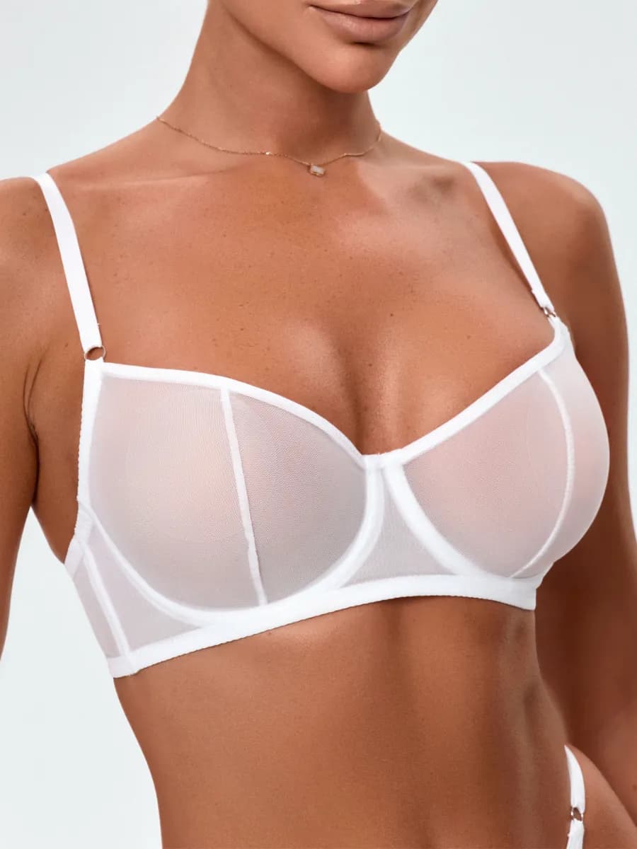 Бюстгальтер белый без поролона без пушап сетка прозрачный
