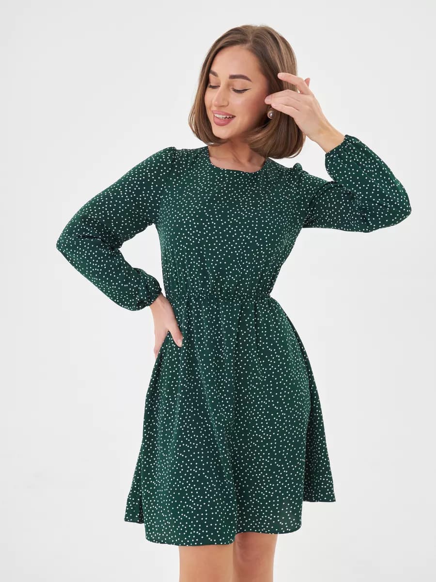 Платье повседневная в горошек зеленая
