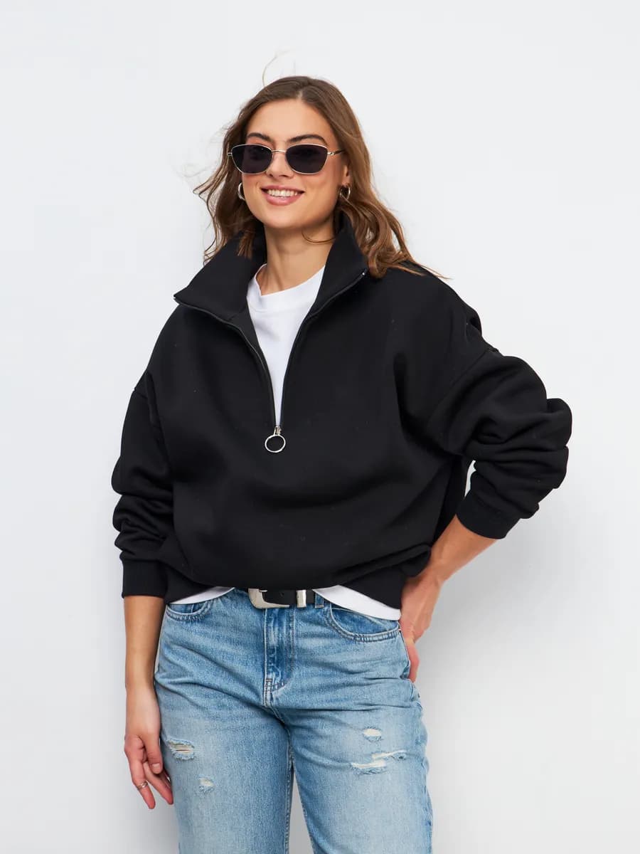 Свитшот оверсайз полузамок с воротником на молнии и начесом