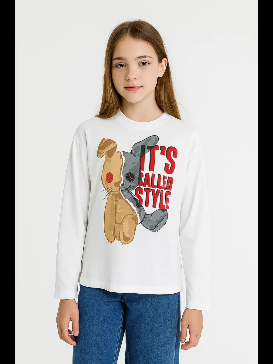 Лонгслив молочный хлопковый с принтом