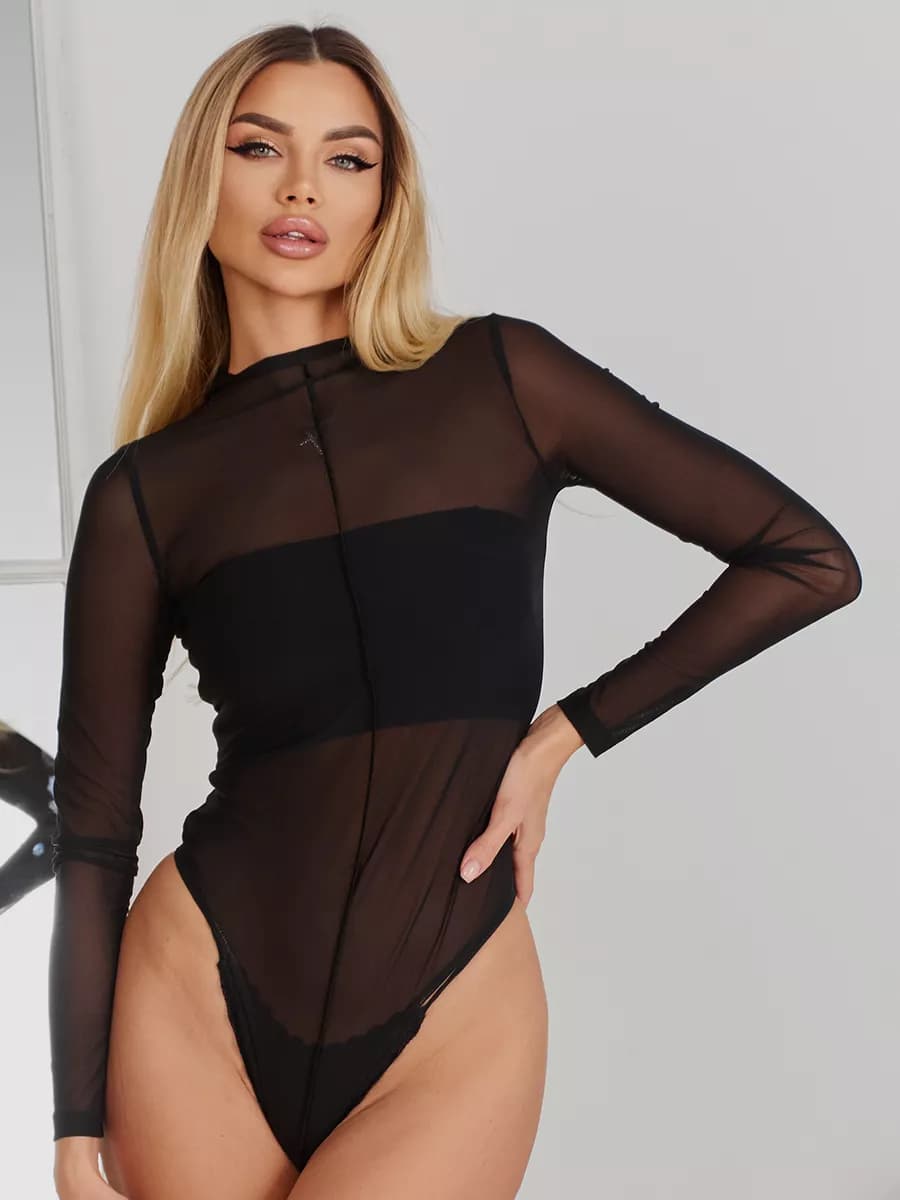 Прозрачное боди сетка с длинным рукавом и наружным швом - фото 1