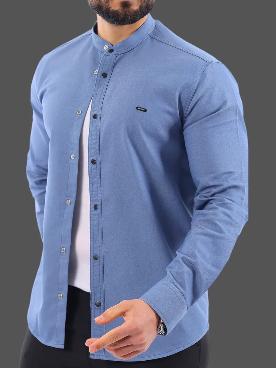 Рубашка стойка голубая с длинным рукавом