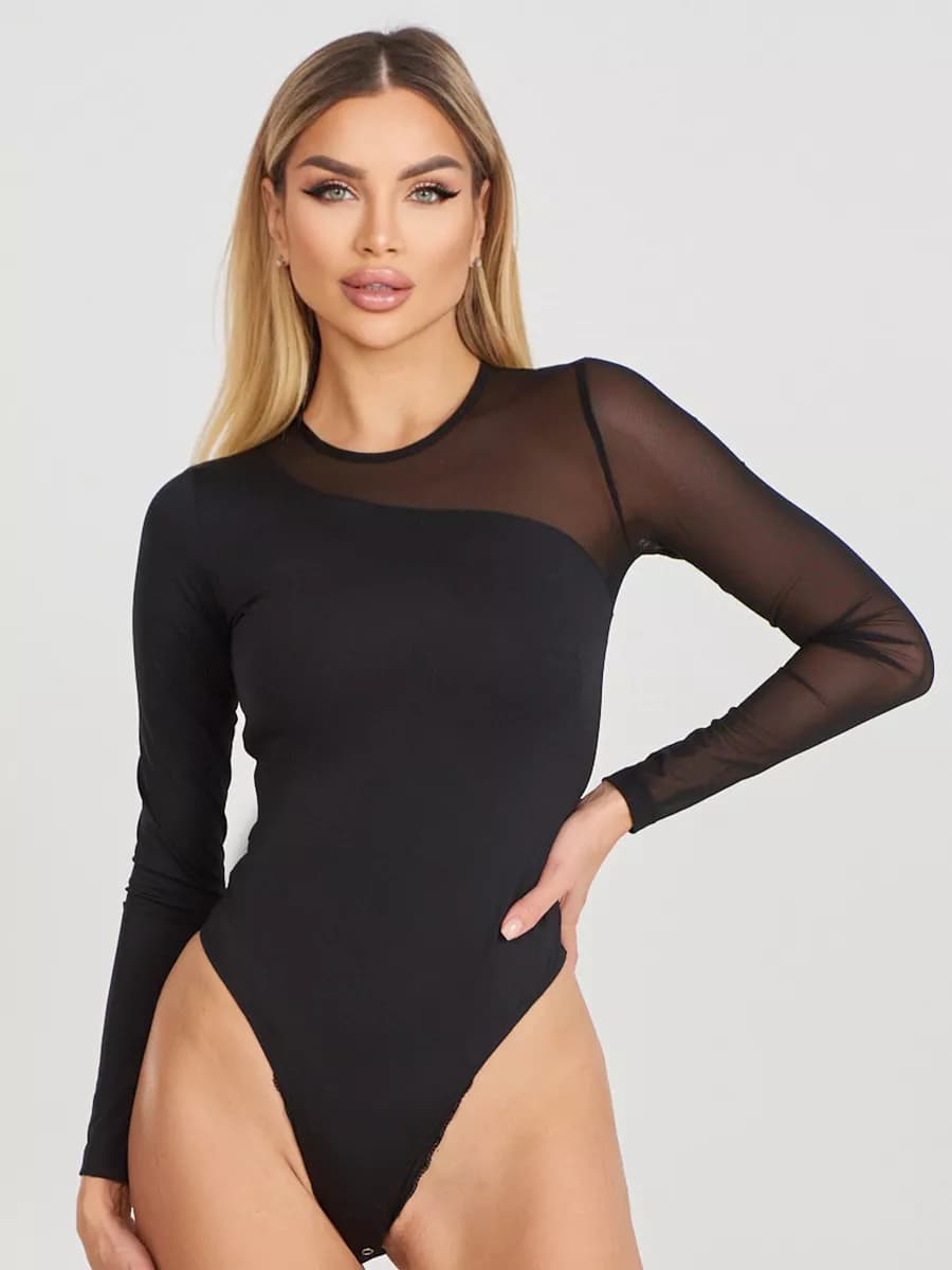 Вечернее комбинированное боди с рукавом из сетки