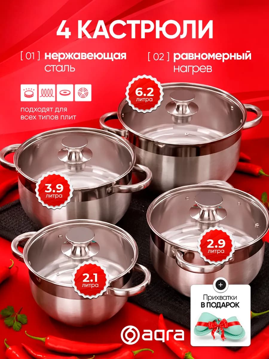 Набор кастрюль со стеклянными крышками стальные 4 шт